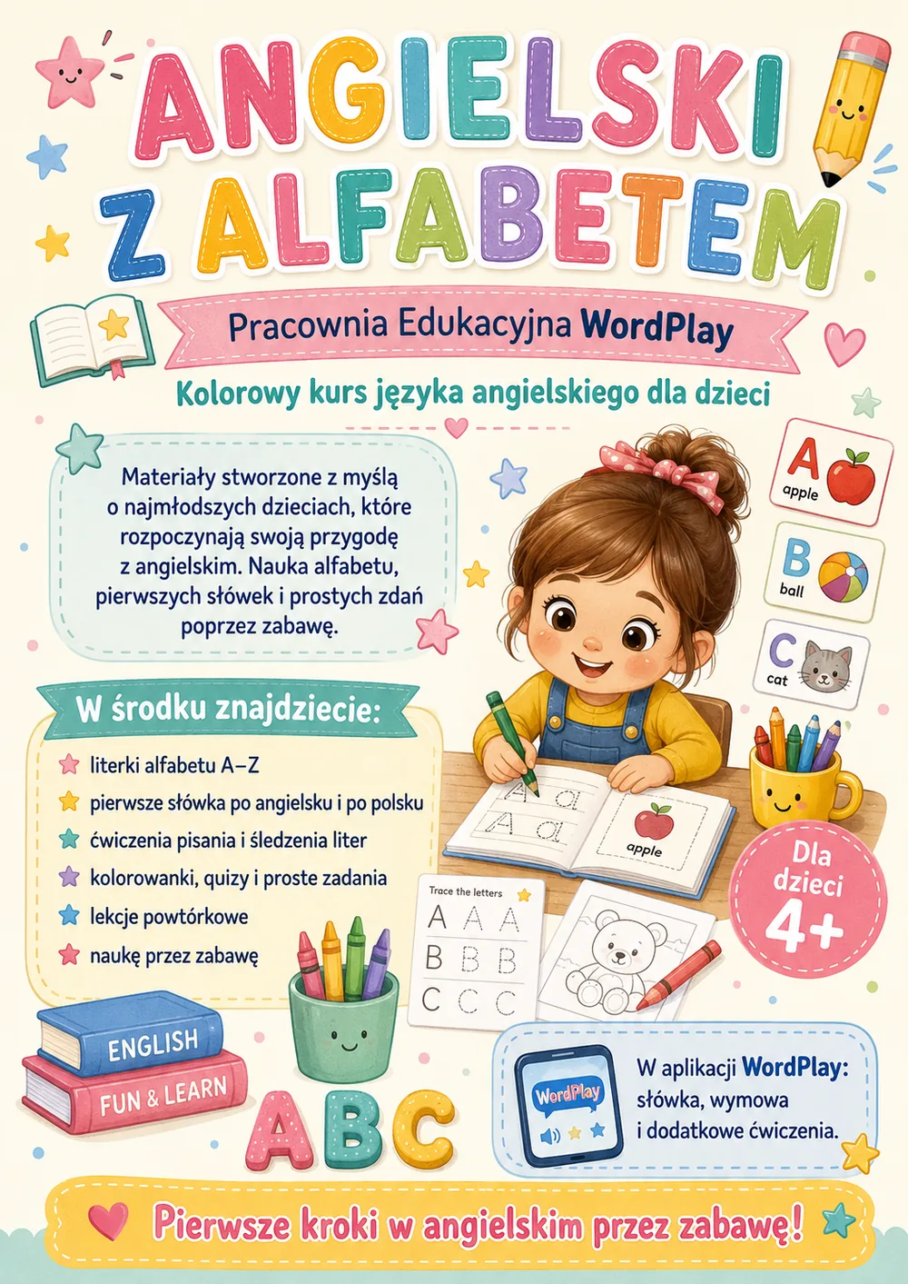 Angielski z alfabetem — ulotka kursu dla dzieci WordPlay