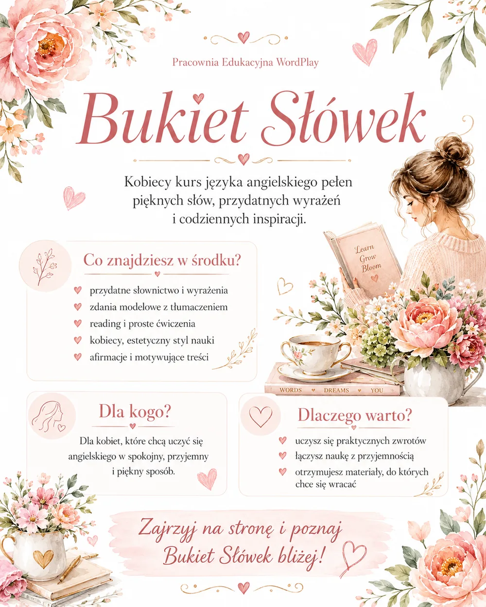 Bukiet Słówek — ulotka kursu angielskiego dla kobiet WordPlay